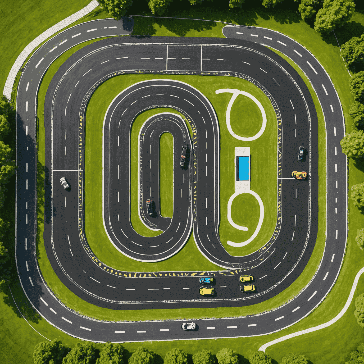 Vista aérea de la pista de karting 1Win, mostrando los karts corriendo en la pista sinuosa con neumáticos de protección a los lados