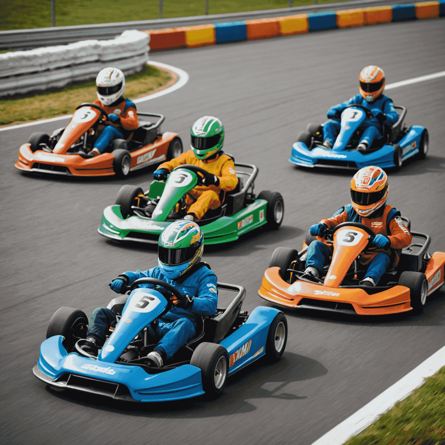 Imagen de una emocionante carrera de karting con múltiples karts compitiendo en una pista sinuosa