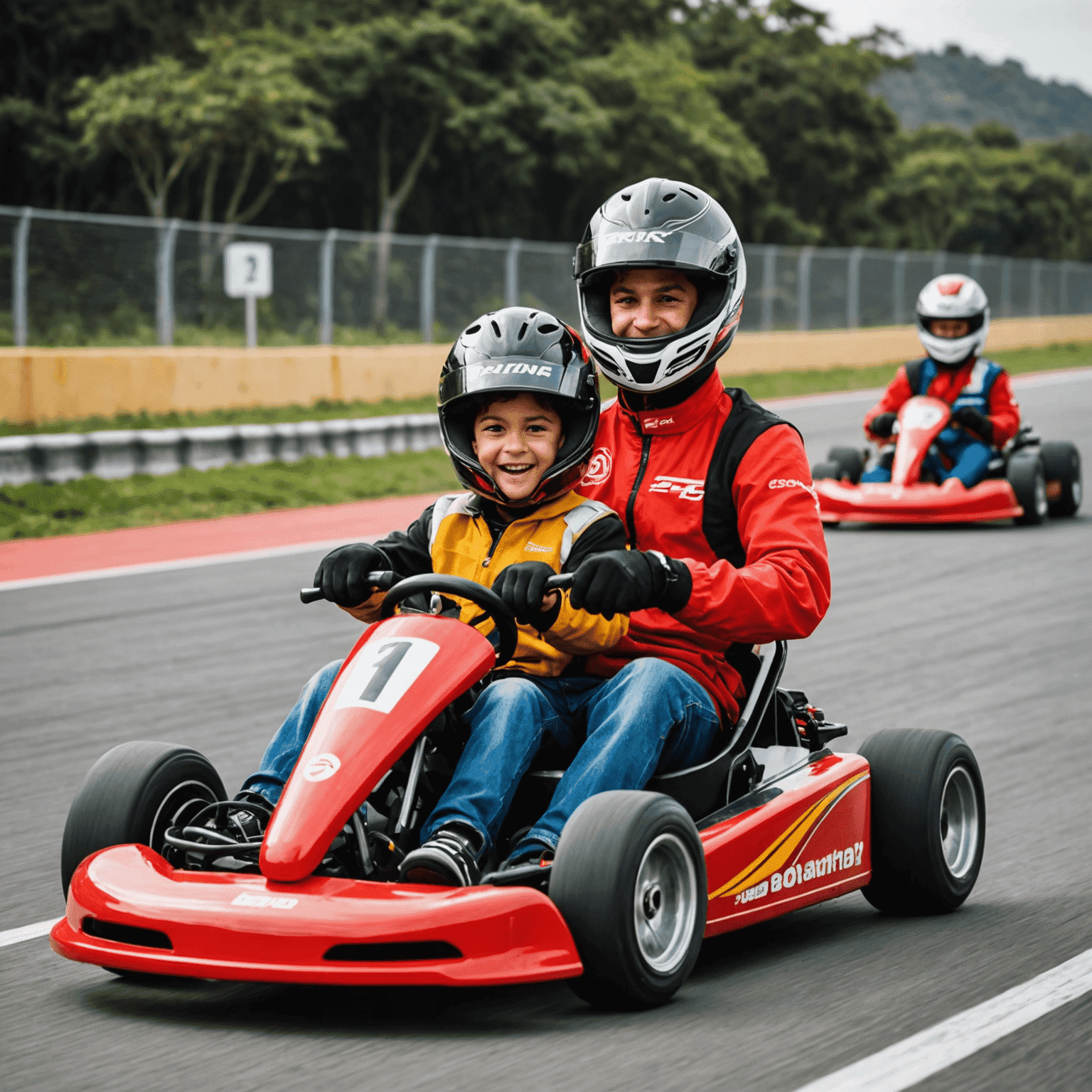 Niño y adulto disfrutando del go-karting en la pista de Karting 1Win en Perú