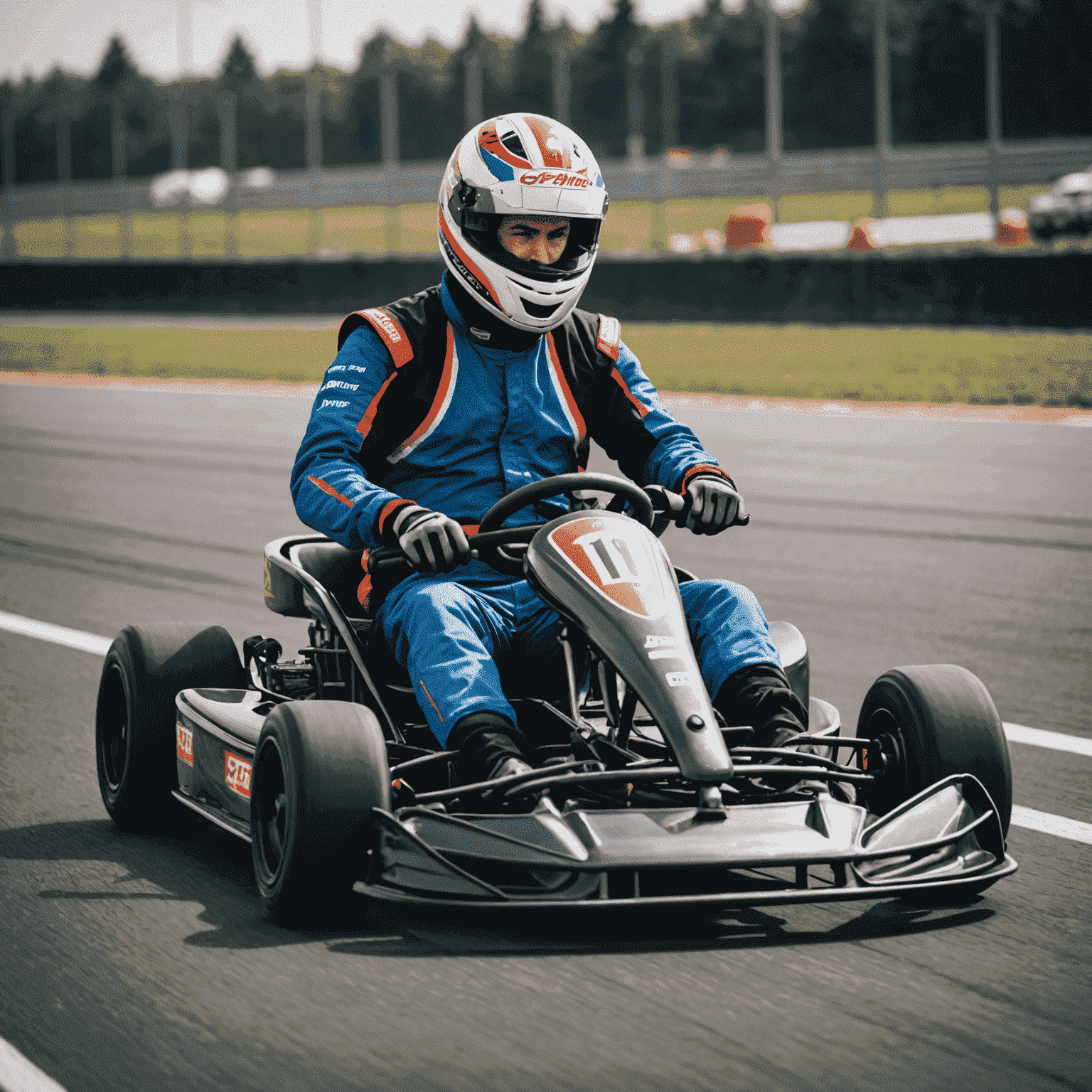 Mecánico de Karting 1Win realizando una prueba de manejo en un go-kart en la pista para verificar su rendimiento después del mantenimiento